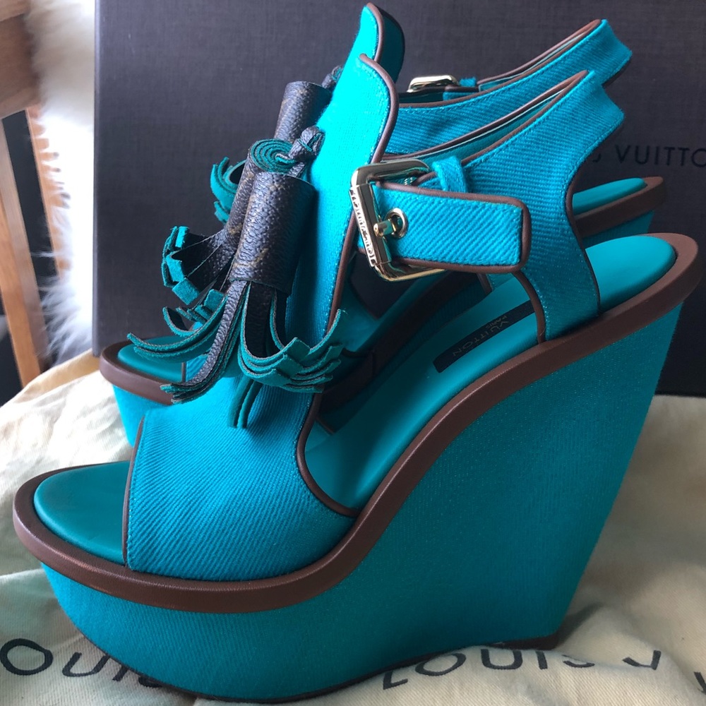 Louis Vuitton Turquoise Destination Wedges 36 New